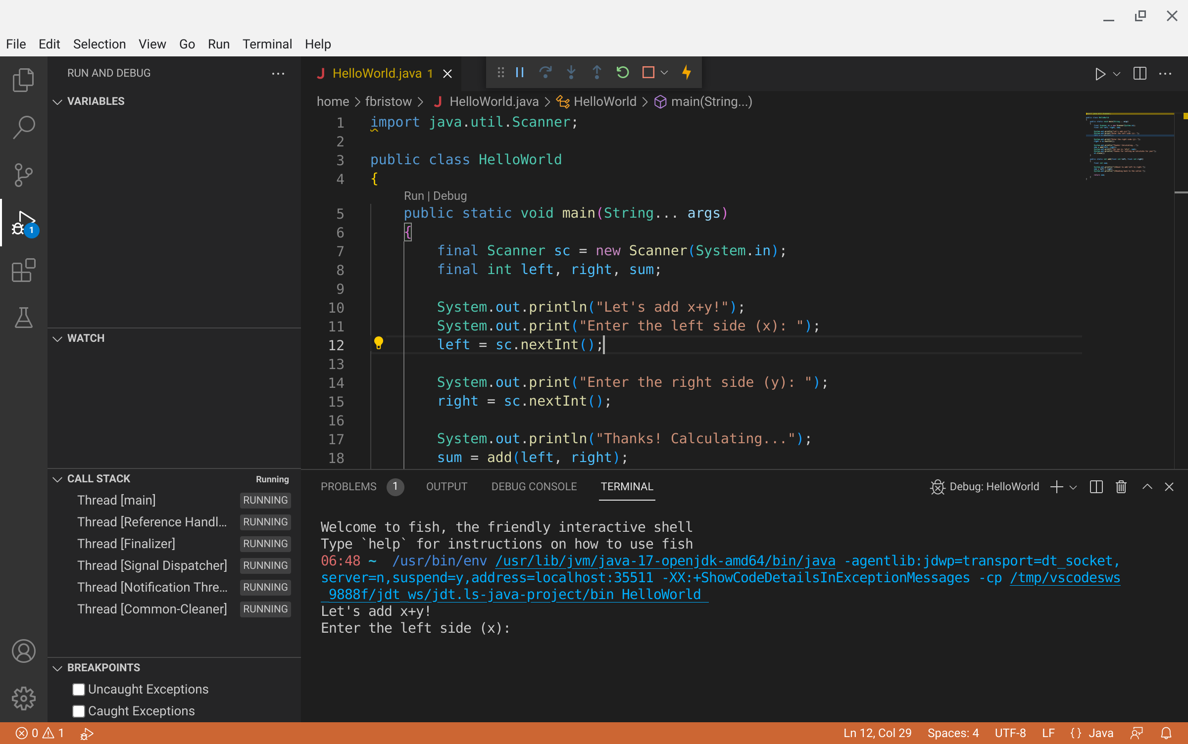 The debug layout in VS Code.