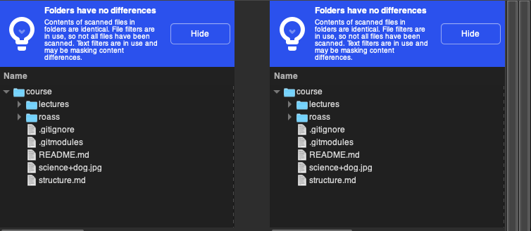 Meld comparing two folders with no differences.