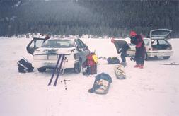 Day 1. We load the sleds, parked at the Big Bend on the Icefields Parkway, a 7km ski from the Saskatchewan Glacier.
